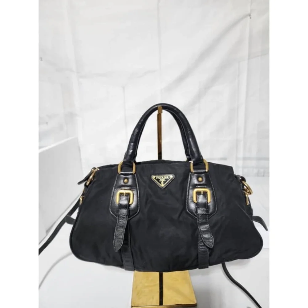 Authentic PRADA Tessuto Nylon And Leather Bauletto Bag Black